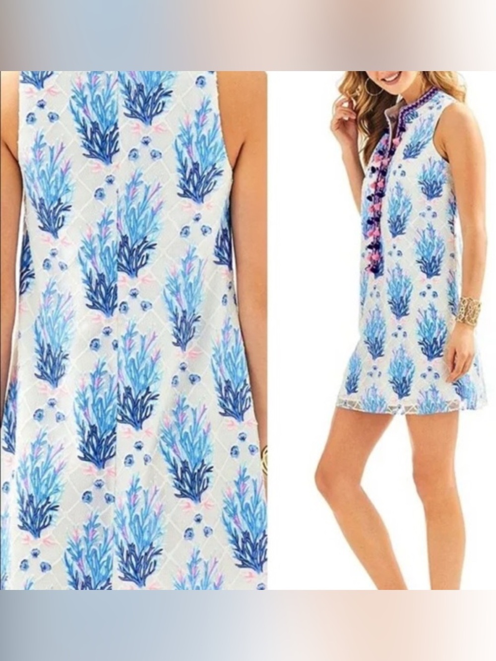 Lilly Pulitzer Jane Shift Dress Seaspray Gray Off Shore Coral Motif size 8 Prep
